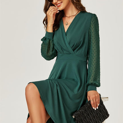 Long Chiffon Sleeve Pleated Midi Dress In Dark Green