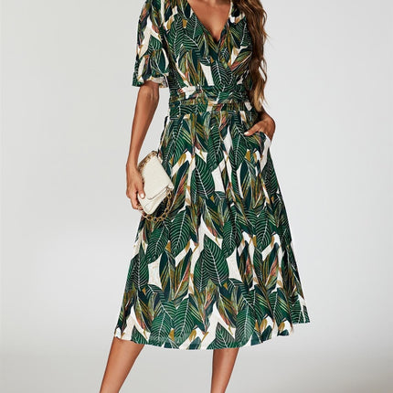 Leaf Print Mesh Midi Dress In Green