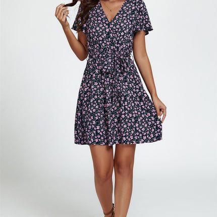 Floral Print Hem Tiered Wrap Mini Dress In Navy