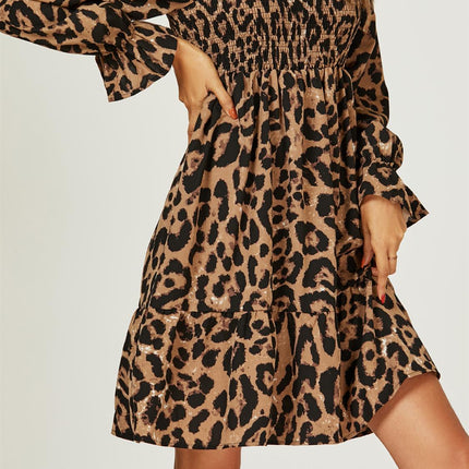 Square Neck Puff Sleeve Mini Dress In Leopard Print