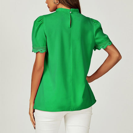 Lace Trim Detail Short Sleeve High Neck Blouse Top In Green