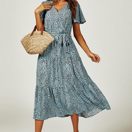 Leopard Print Hem Tiered Wrap Midi Dress In Blue