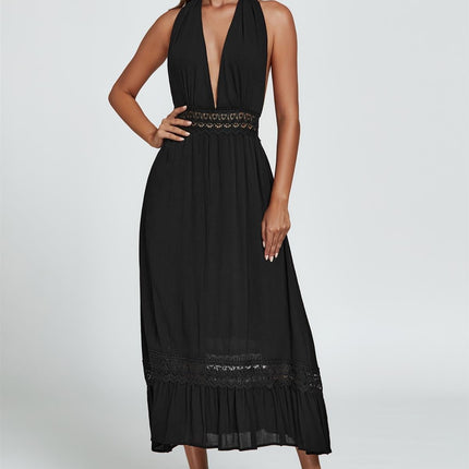 Lace Detail Adjustable Deep V Neckline Maxi Dress In Black