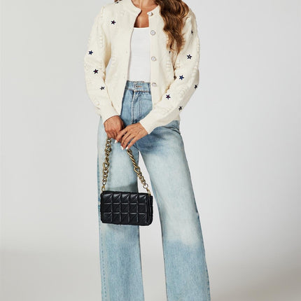 Star Embroidered Knitted Cardigan In Bone White
