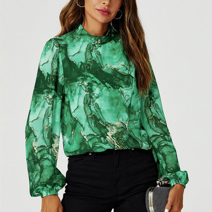 Marble Print Long Sleeve High Neck Top In Light Green