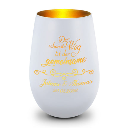 SEO. Deko Windlicht aus Glas mit Gravur - Der schönste Weg ist der gemeinsame - Personalisiert mit Namen - Weiß - Gold Linkreich