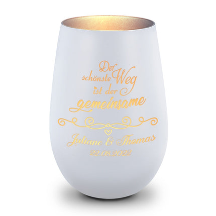 SEO. Deko Windlicht aus Glas mit Gravur - Der schönste Weg ist der gemeinsame - Personalisiert mit Namen - Weiß - Silber Linkreich