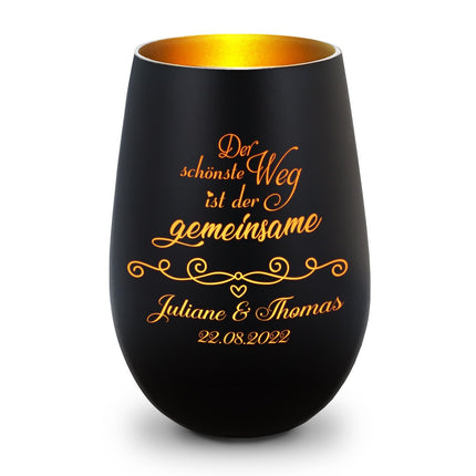 SEO. Deko Windlicht aus Glas mit Gravur - Der schönste Weg ist der gemeinsame - Personalisiert mit Namen - Schwarz - Gold Linkreich
