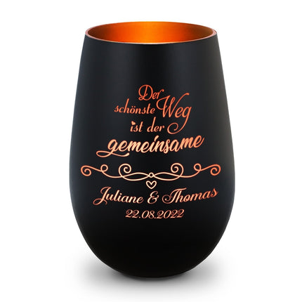 SEO. Deko Windlicht aus Glas mit Gravur - Der schönste Weg ist der gemeinsame - Personalisiert mit Namen - Schwarz - Bronze Linkreich