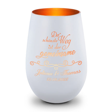SEO. Deko Windlicht aus Glas mit Gravur - Der schönste Weg ist der gemeinsame - Personalisiert mit Namen - Weiß - Bronze Linkreich