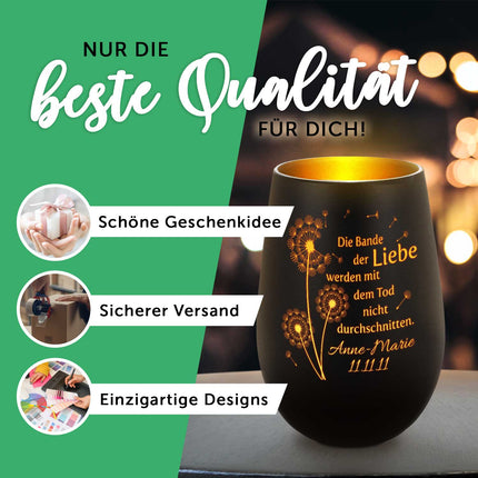 SEO. Deko Windlicht aus Glas mit Gravur - Die große Liebe - Personalisiert mit Name und Datum - Weiß - Silber Linkreich