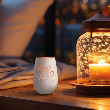 SEO. Deko Windlicht aus Glas mit Gravur - Die große Liebe - Personalisiert mit Name und Datum - Weiß - Bronze Linkreich