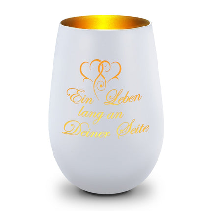 SEO. Deko Windlicht aus Glas mit Gravur - Ein Leben lang an deiner Seite - Geschenke für Sie & Ihn - Weiß - Gold Linkreich