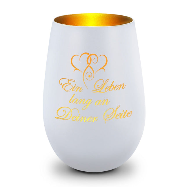 SEO. Deko Windlicht aus Glas mit Gravur - Ein Leben lang an deiner Seite - Geschenke für Sie & Ihn - Weiß - Gold Linkreich
