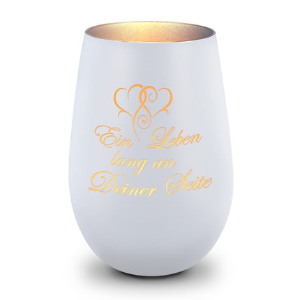 SEO. Deko Windlicht aus Glas mit Gravur - Ein Leben lang an deiner Seite - Geschenke für Sie & Ihn - Weiß - Silber Linkreich