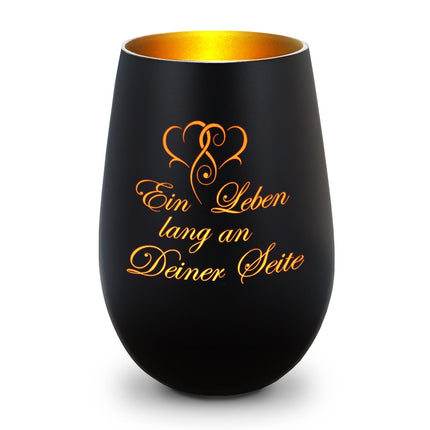 SEO. Deko Windlicht aus Glas mit Gravur - Ein Leben lang an deiner Seite - Geschenke für Sie & Ihn - Schwarz - Gold Linkreich