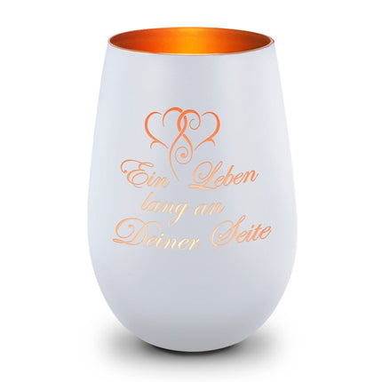 SEO. Deko Windlicht aus Glas mit Gravur - Ein Leben lang an deiner Seite - Geschenke für Sie & Ihn - Weiß - Bronze Linkreich