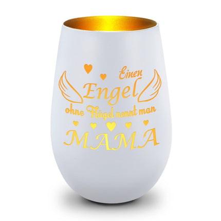 SEO. Deko Windlicht aus Glas mit Gravur - Einen Engel ohne Flügel nennt man Mama - Zum Mutterag - Weiß - Gold Linkreich