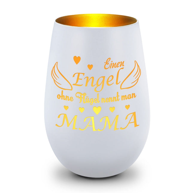 SEO. Deko Windlicht aus Glas mit Gravur - Einen Engel ohne Flügel nennt man Mama - Zum Mutterag - Weiß - Gold Linkreich