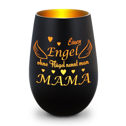 SEO. Deko Windlicht aus Glas mit Gravur - Einen Engel ohne Flügel nennt man Mama - Zum Mutterag - Schwarz - Gold Linkreich