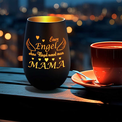 SEO. Deko Windlicht aus Glas mit Gravur - Einen Engel ohne Flügel nennt man Mama - Zum Mutterag - Schwarz - Gold Linkreich