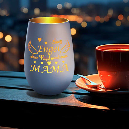 SEO. Deko Windlicht aus Glas mit Gravur - Einen Engel ohne Flügel nennt man Mama - Zum Mutterag - Weiß - Bronze Linkreich