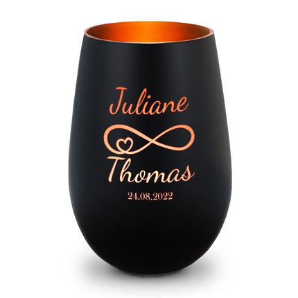 SEO. Deko Windlicht aus Glas mit Gravur - Ewigkeitssymbol - Personalisiert mit Namen & Datum - Schwarz - Bronze Linkreich