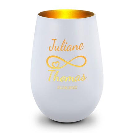 SEO. Deko Windlicht aus Glas mit Gravur - Ewigkeitssymbol - Personalisiert mit Namen & Datum - Weiß - Gold Linkreich