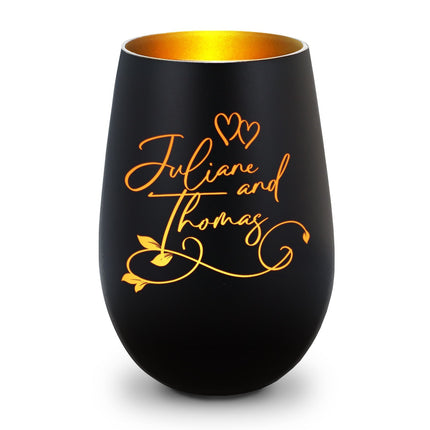 SEO. Deko Windlicht aus Glas mit Gravur - Floral Design - Personalisiert mit Namen - Geschenke für Frauen - Schwarz - Gold Linkreich