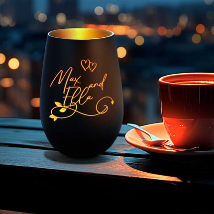 SEO. Deko Windlicht aus Glas mit Gravur - Floral Design - Personalisiert mit Namen - Geschenke für Frauen - Schwarz - Gold Linkreich