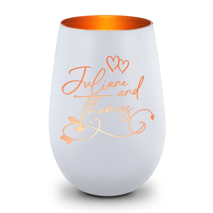 SEO. Deko Windlicht aus Glas mit Gravur - Floral Design - Personalisiert mit Namen - Geschenke für Frauen - Weiß - Bronze Linkreich