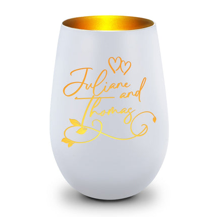 SEO. Deko Windlicht aus Glas mit Gravur - Floral Design - Personalisiert mit Namen - Geschenke für Frauen - Weiß - Gold Linkreich