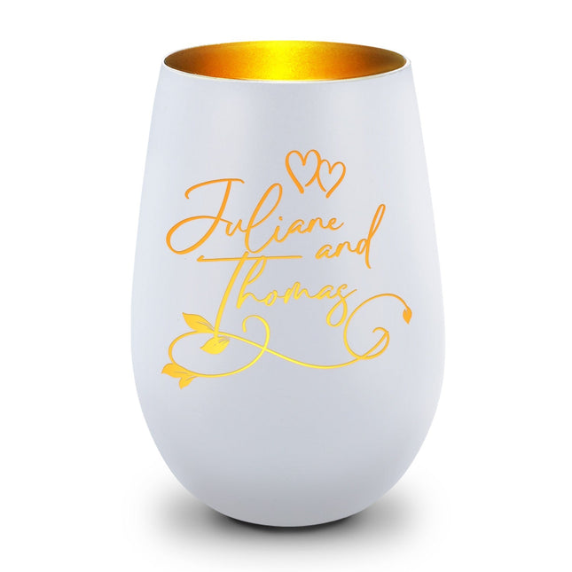 SEO. Deko Windlicht aus Glas mit Gravur - Floral Design - Personalisiert mit Namen - Geschenke für Frauen - Weiß - Gold Linkreich