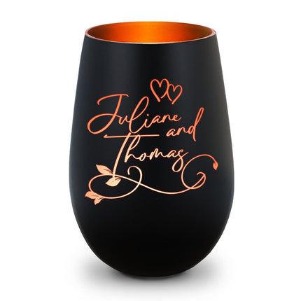SEO. Deko Windlicht aus Glas mit Gravur - Floral Design - Personalisiert mit Namen - Geschenke für Frauen - Schwarz - Bronze Linkreich