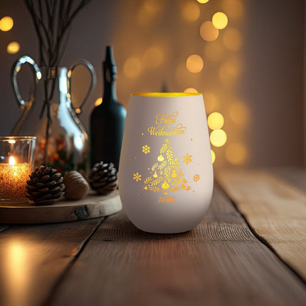 SEO. Deko Windlicht aus Glas mit Gravur - Frohe Weihnachten - Personalisiert mit Namen - Weiß - Gold Linkreich