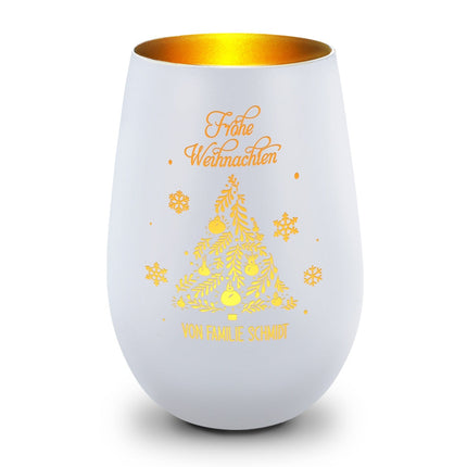 SEO. Deko Windlicht aus Glas mit Gravur - Frohe Weihnachten - Personalisiert mit Namen - Weiß - Gold Linkreich