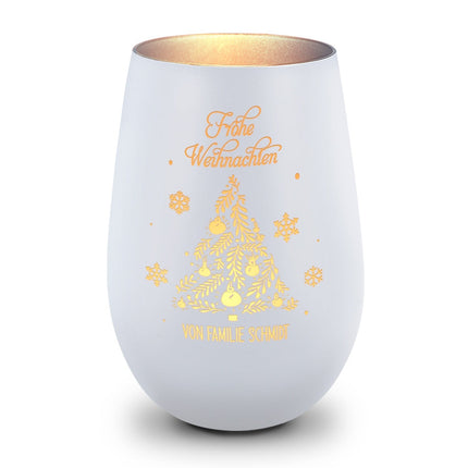 SEO. Deko Windlicht aus Glas mit Gravur - Frohe Weihnachten - Personalisiert mit Namen - Schwarz - Gold Linkreich