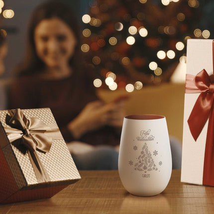 SEO. Deko Windlicht aus Glas mit Gravur - Frohe Weihnachten - Personalisiert mit Namen - Weiß - Bronze Linkreich