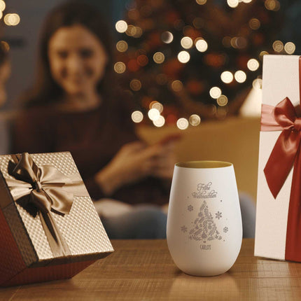 SEO. Deko Windlicht aus Glas mit Gravur - Frohe Weihnachten - Personalisiert mit Namen - Weiß - Gold Linkreich