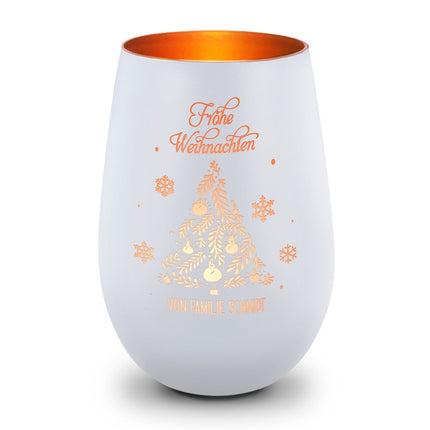 SEO. Deko Windlicht aus Glas mit Gravur - Frohe Weihnachten - Personalisiert mit Namen - Weiß - Bronze Linkreich
