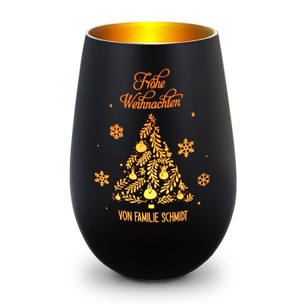 SEO. Deko Windlicht aus Glas mit Gravur - Frohe Weihnachten - Personalisiert mit Namen - Schwarz - Gold Linkreich