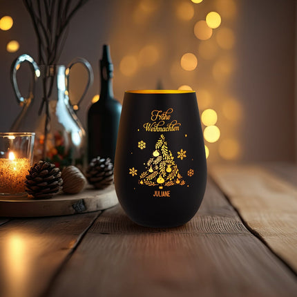 SEO. Deko Windlicht aus Glas mit Gravur - Frohe Weihnachten - Personalisiert mit Namen - Schwarz - Gold Linkreich