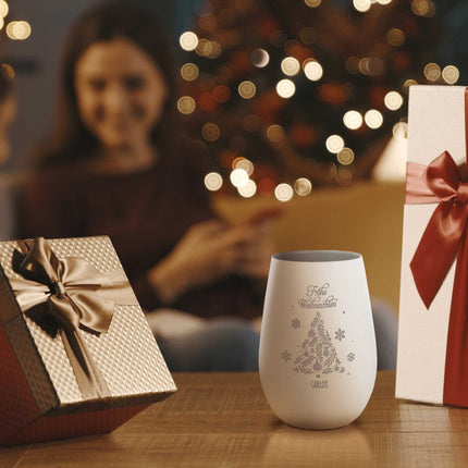 SEO. Deko Windlicht aus Glas mit Gravur - Frohe Weihnachten - Personalisiert mit Namen - Weiß - Silber Linkreich