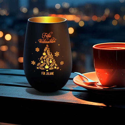 SEO. Deko Windlicht aus Glas mit Gravur - Frohe Weihnachten - Personalisiert mit Namen - Schwarz - Gold Linkreich