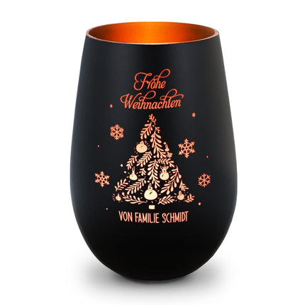SEO. Deko Windlicht aus Glas mit Gravur - Frohe Weihnachten - Personalisiert mit Namen - Schwarz - Bronze Linkreich