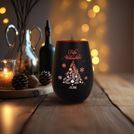 SEO. Deko Windlicht aus Glas mit Gravur - Frohe Weihnachten - Personalisiert mit Namen - Schwarz - Gold Linkreich
