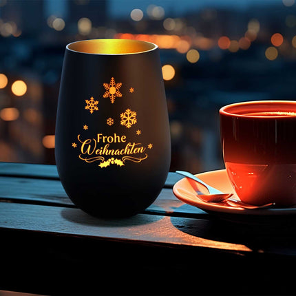 SEO. Deko Windlicht aus Glas mit Gravur - Frohe Weihnachten Schneeflocke - Schwarz - Gold Linkreich