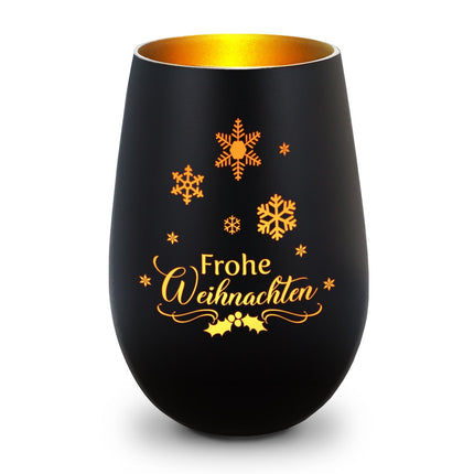 SEO. Deko Windlicht aus Glas mit Gravur - Frohe Weihnachten Schneeflocke - Schwarz - Gold Linkreich