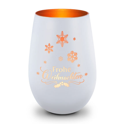SEO. Deko Windlicht aus Glas mit Gravur - Frohe Weihnachten Schneeflocke - Weiß - Bronze Linkreich