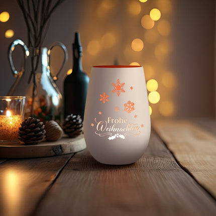 SEO. Deko Windlicht aus Glas mit Gravur - Frohe Weihnachten Schneeflocke - Weiß - Bronze Linkreich